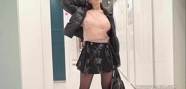  Short skirt and sheer blouse for flashing and public upskirt